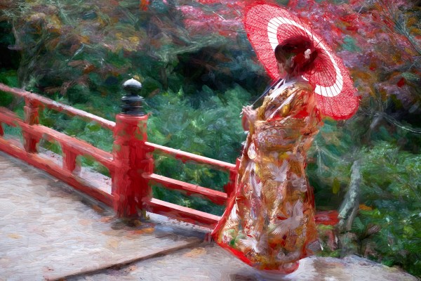 Geisha posing on Japanese bridge Print